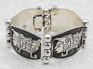 Mexican Sterling Silver Inca Figure Panel Bracelet - image 1