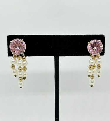 Pearl Drop Earrings Posts Pink  CZ 14k Yellow Gold