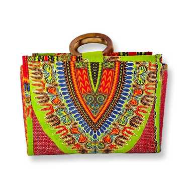 Woven Multicolored Dashiki And Jute Wooden Top Ha… - image 1