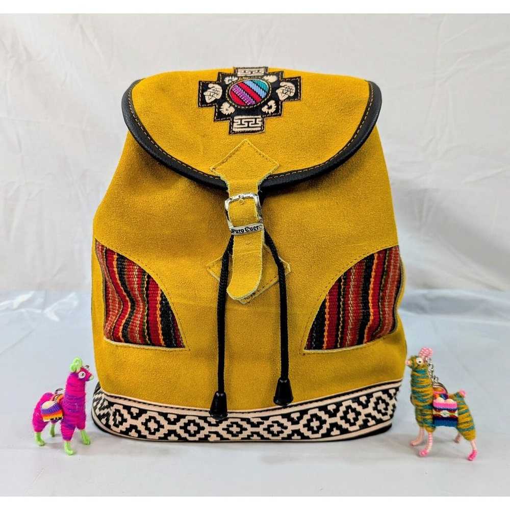 Peruvian Yellow Suede Leather Boho Backpack Triba… - image 1