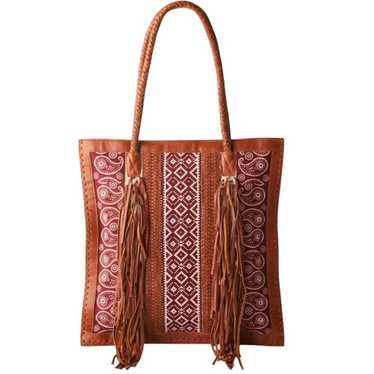 Sundance Joss Tassel Leather Canvas Shoulder Tote… - image 1