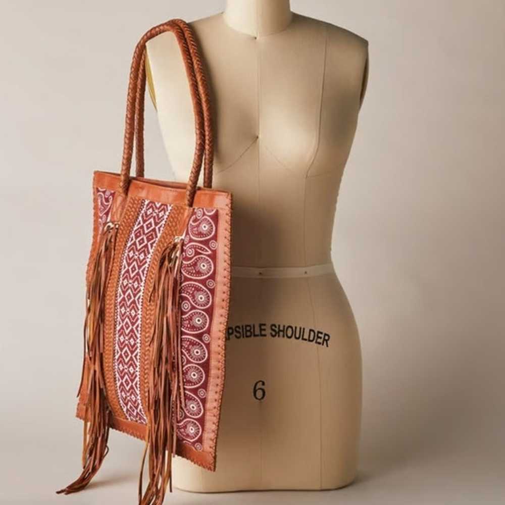 Sundance Joss Tassel Leather Canvas Shoulder Tote… - image 4