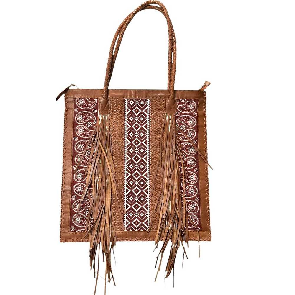 Sundance Joss Tassel Leather Canvas Shoulder Tote… - image 5