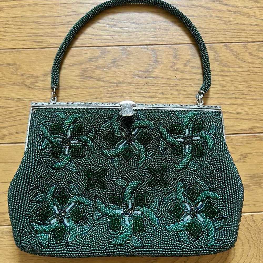 Green Beaded Embroidered Vintage Clutch Bag - image 1