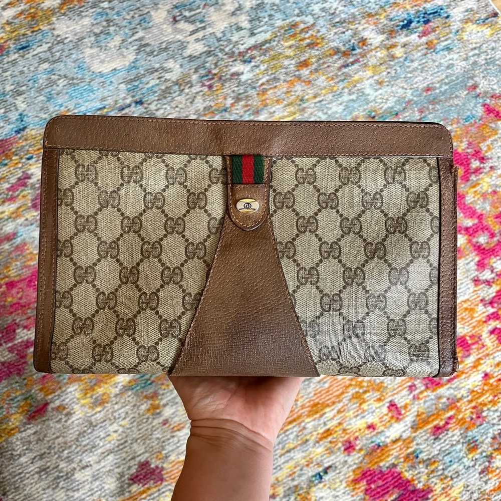 Gucci Vintage Clutch Brown Web Bag Logo Monogram … - image 1