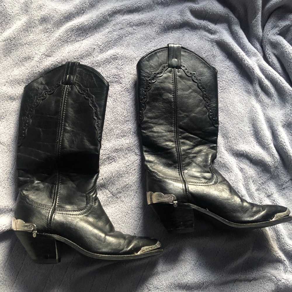 Vintage Black Leather Western Cowboy Boots Metal … - image 1