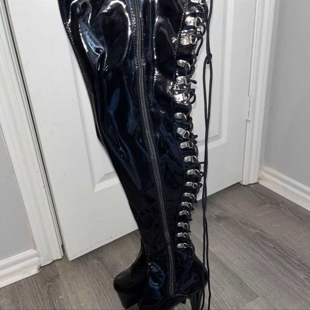 Pleaser leather black thigh high boots size 7 - image 1