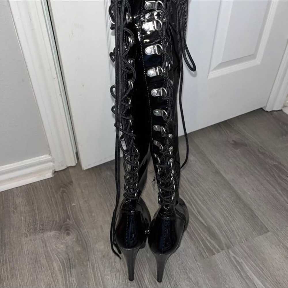 Pleaser leather black thigh high boots size 7 - image 3