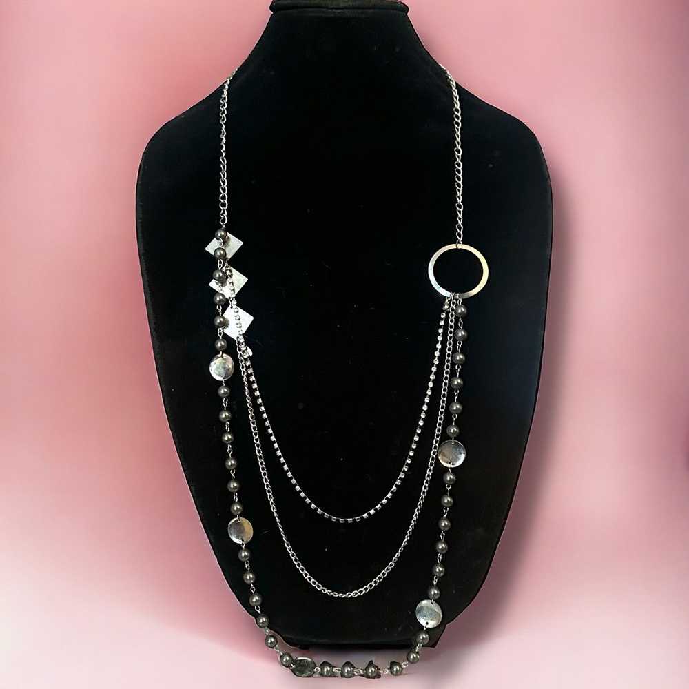 Other Long silver tone multi chain layered neckla… - image 1