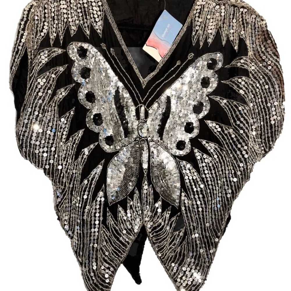 70s Vintage Iconic Butterfly Sequin Blouse Silver… - image 1