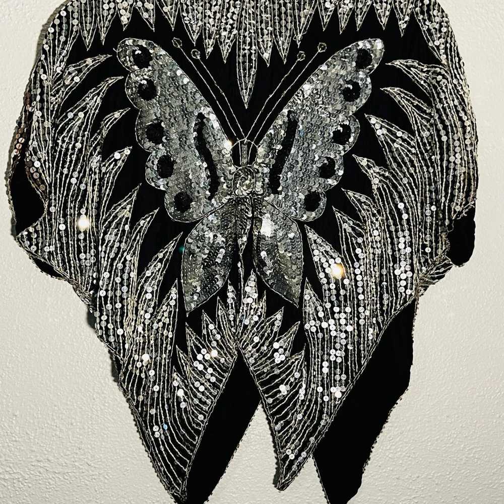 70s Vintage Iconic Butterfly Sequin Blouse Silver… - image 2