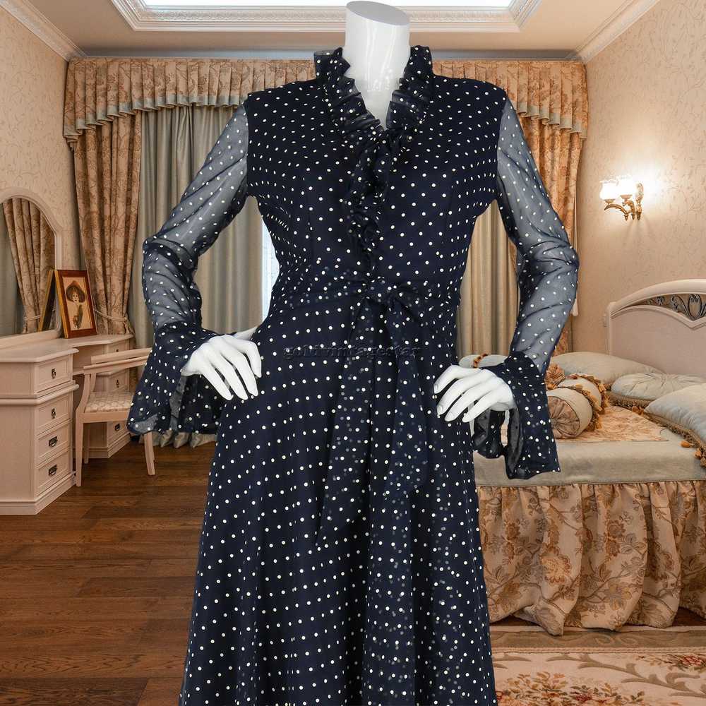 Vintage Vintage Navy & White Polka Dot Ruffle Max… - image 9