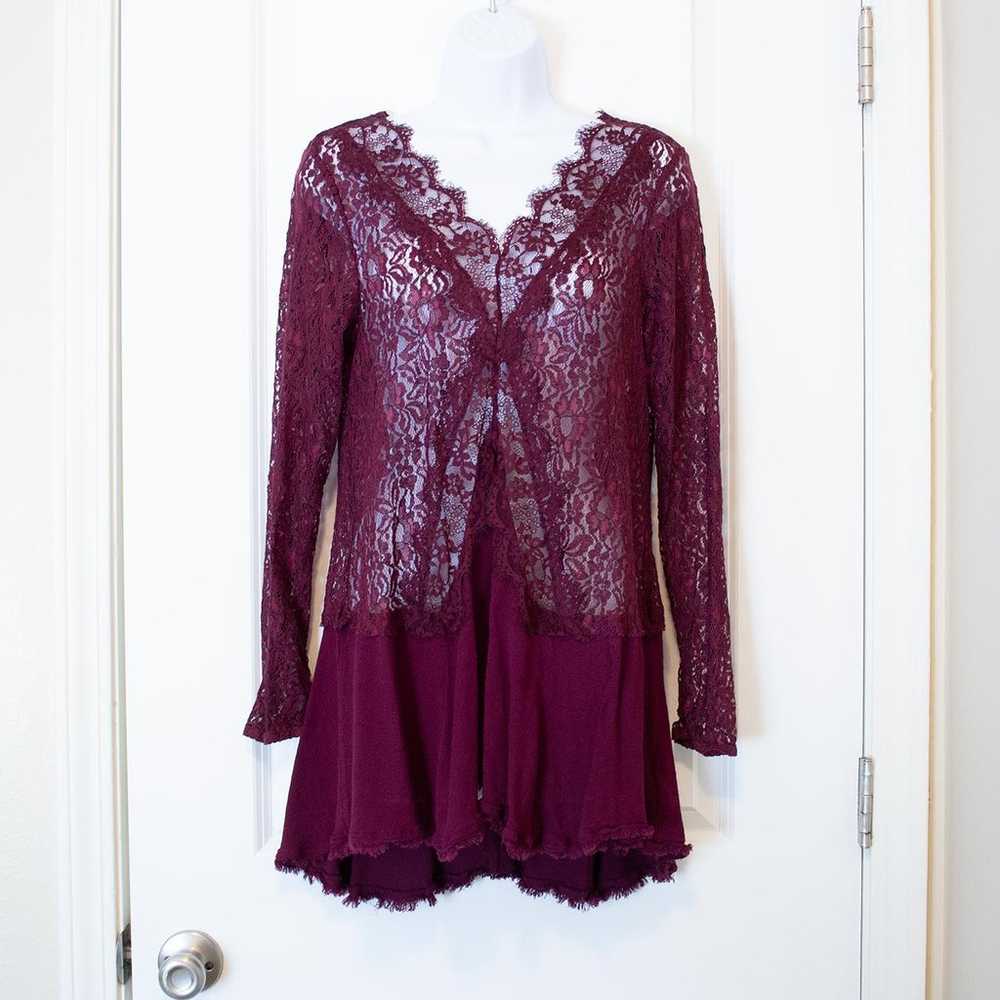 M Distressed Boho Lace Romantic Maroon Raw Hem La… - image 1