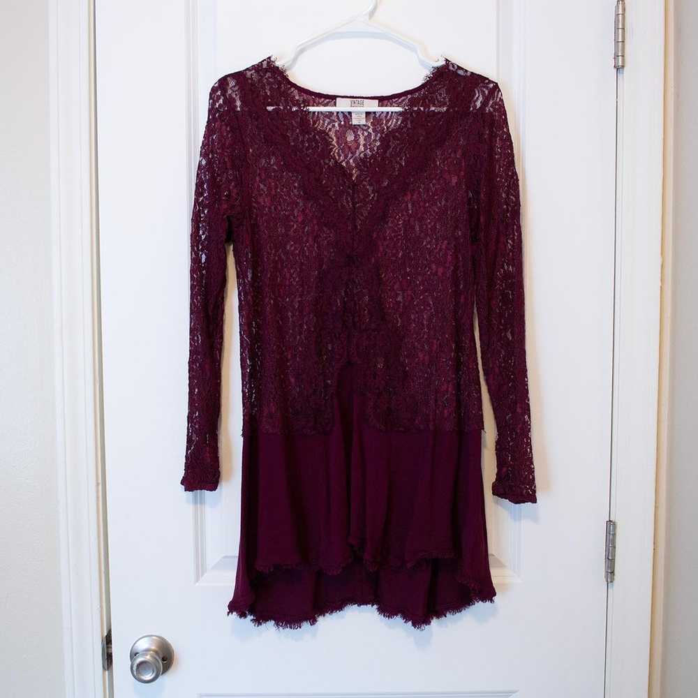 M Distressed Boho Lace Romantic Maroon Raw Hem La… - image 3