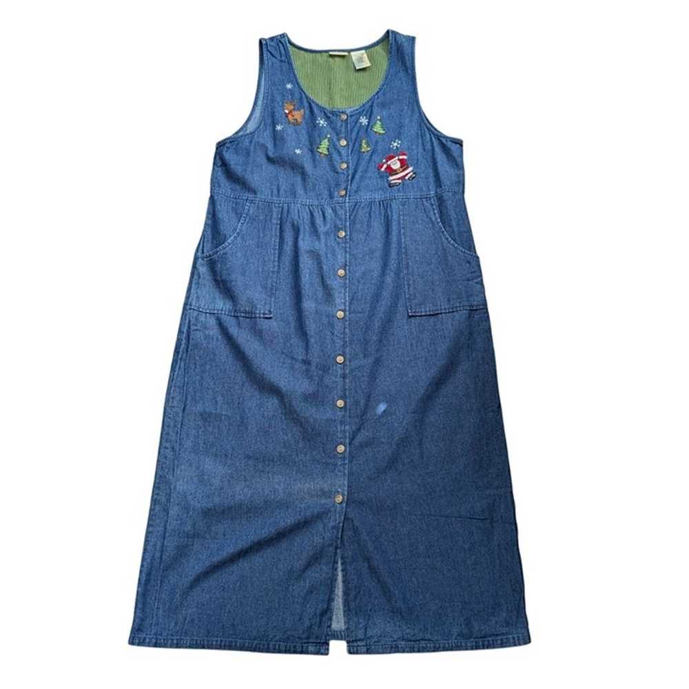 Vintage Denim Jumper Dress XL Christmas Embroider… - image 1