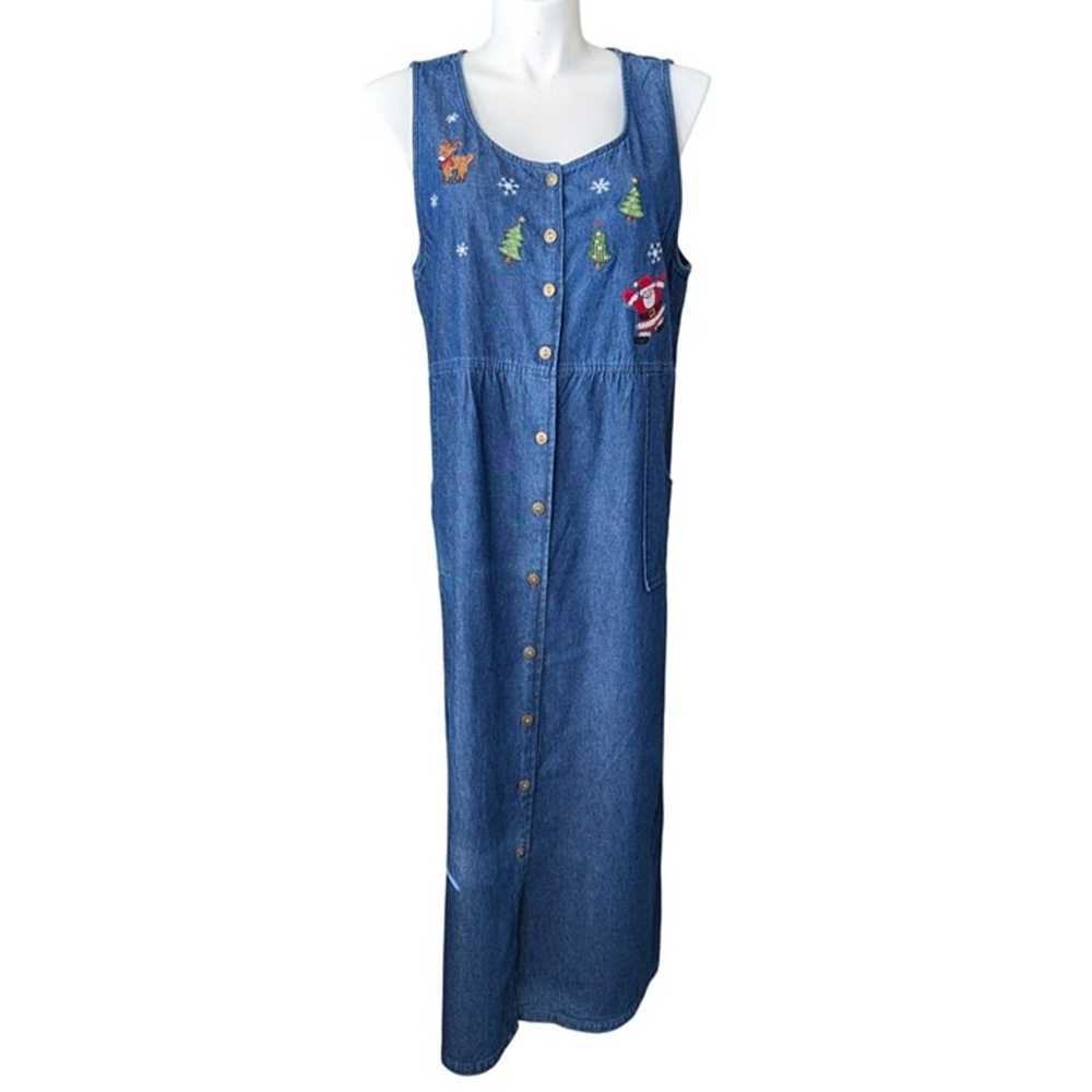 Vintage Denim Jumper Dress XL Christmas Embroider… - image 2