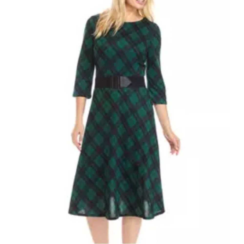 Sandra Darren Plaid Midi Dress Green Black Round … - image 2