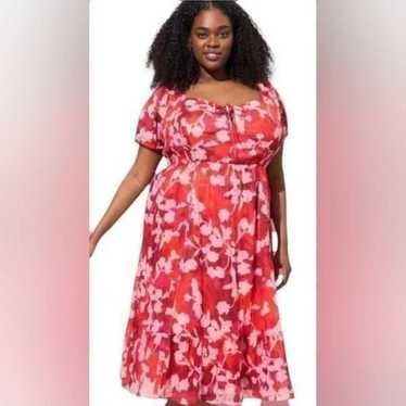 Torrid Red Floral Puffed Sleeve Midi Dress