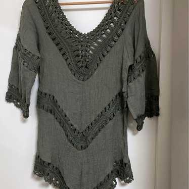 Vintage crochet tunic macrame in khaki olive. - image 1