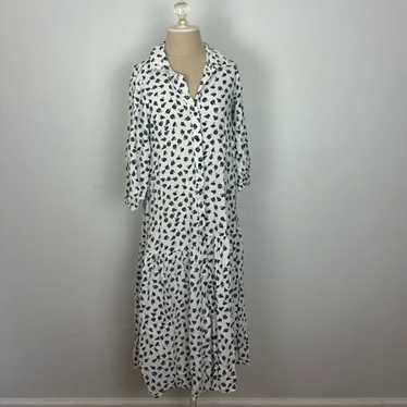 Zara Midi Dress White Black Floral Long Sleeve But