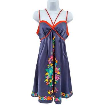 Vntg Y2K Voom by Joy Han Silk Dress Navy Orange F… - image 1