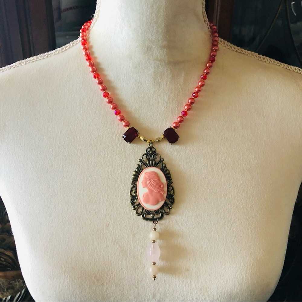 Handcrafted repurpose pink lady cameo quartz pend… - image 3