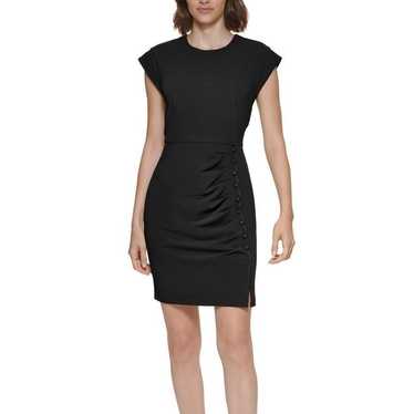 CALVIN KLEIN Ruched Button-Trim Black Sheath Dres… - image 1