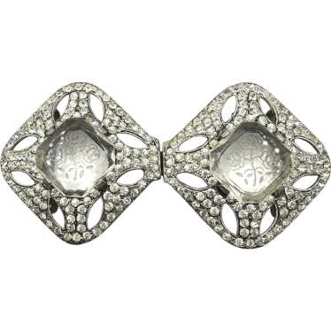 Rare Art Deco Intaglio Pave Rhinestone Double Sas… - image 1