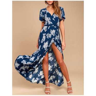 Lulus Heart of Marigold Navy Blue Floral Wrap Dres