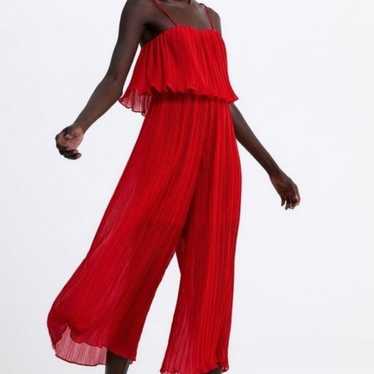 Zara Red Pleated Wide Leg Jumpsuit