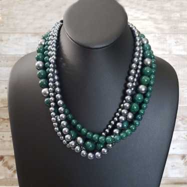 Vintage Necklace Chunky Statement Green & Silvery… - image 1