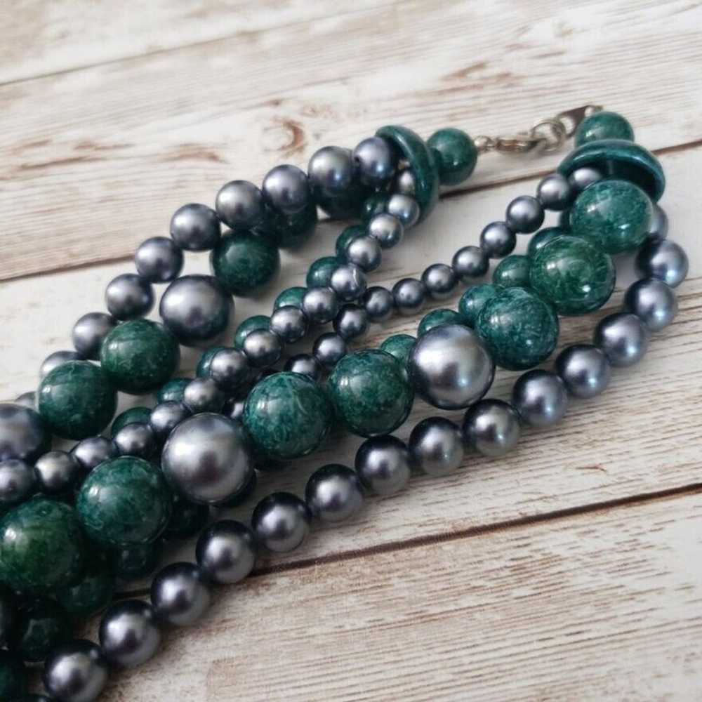 Vintage Necklace Chunky Statement Green & Silvery… - image 2