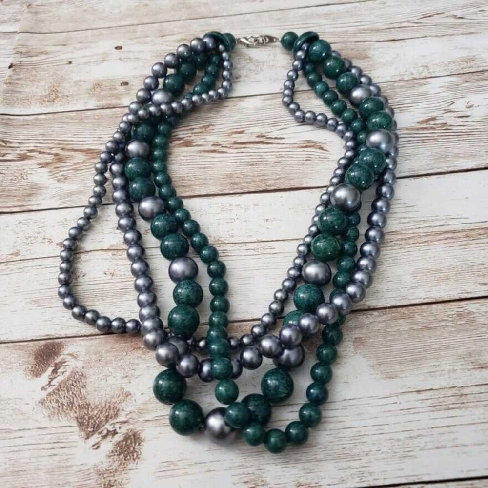 Vintage Necklace Chunky Statement Green & Silvery… - image 3