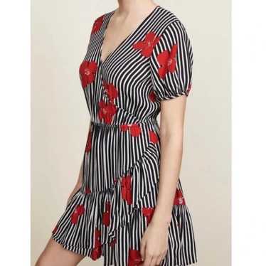 Madewell Black & White Stripe Red Floral Wrap Dre… - image 1