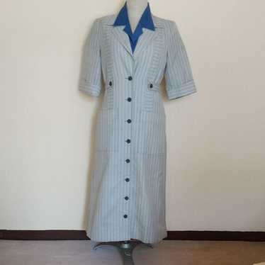 Blue and white striped long shirt dress