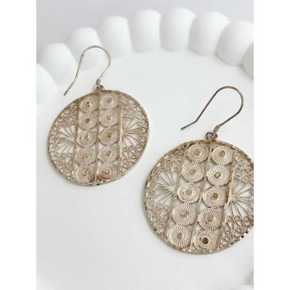 Vintage Filigree Circular Handmade Pewter Dangle … - image 3