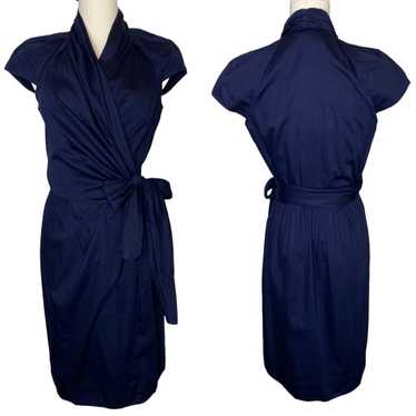 DVF Vern Cotton Wrap Dress Navy Blue Cap Sleeve si