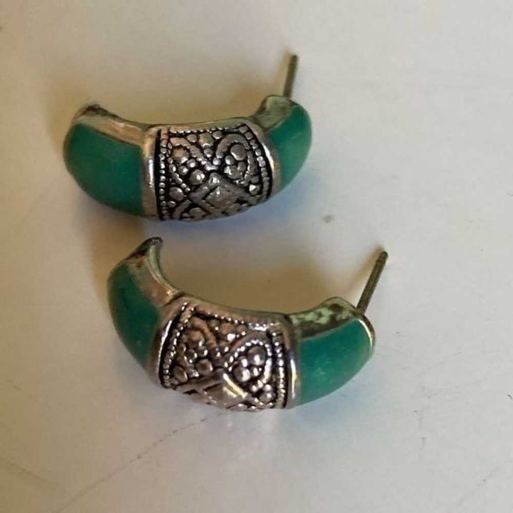 Vintage Half Hoop Earrings Silver Tone & Green - image 1