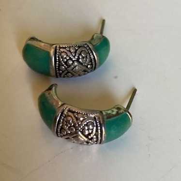 Vintage Half Hoop Earrings Silver Tone & Green - image 1