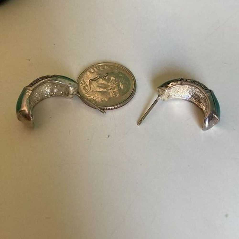 Vintage Half Hoop Earrings Silver Tone & Green - image 3