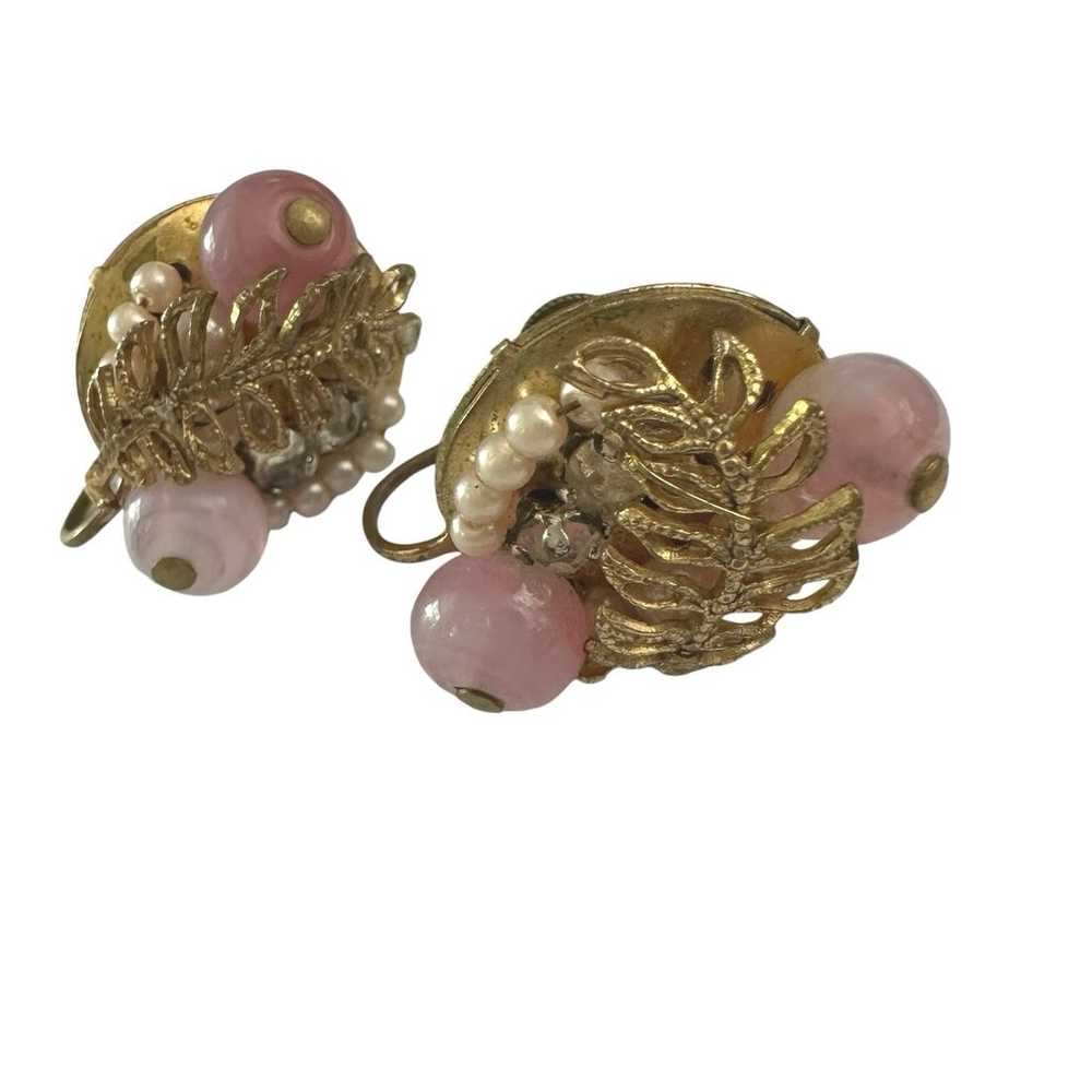 Vintage Screw Back Beaded Gold and Pink Earrings - image 5