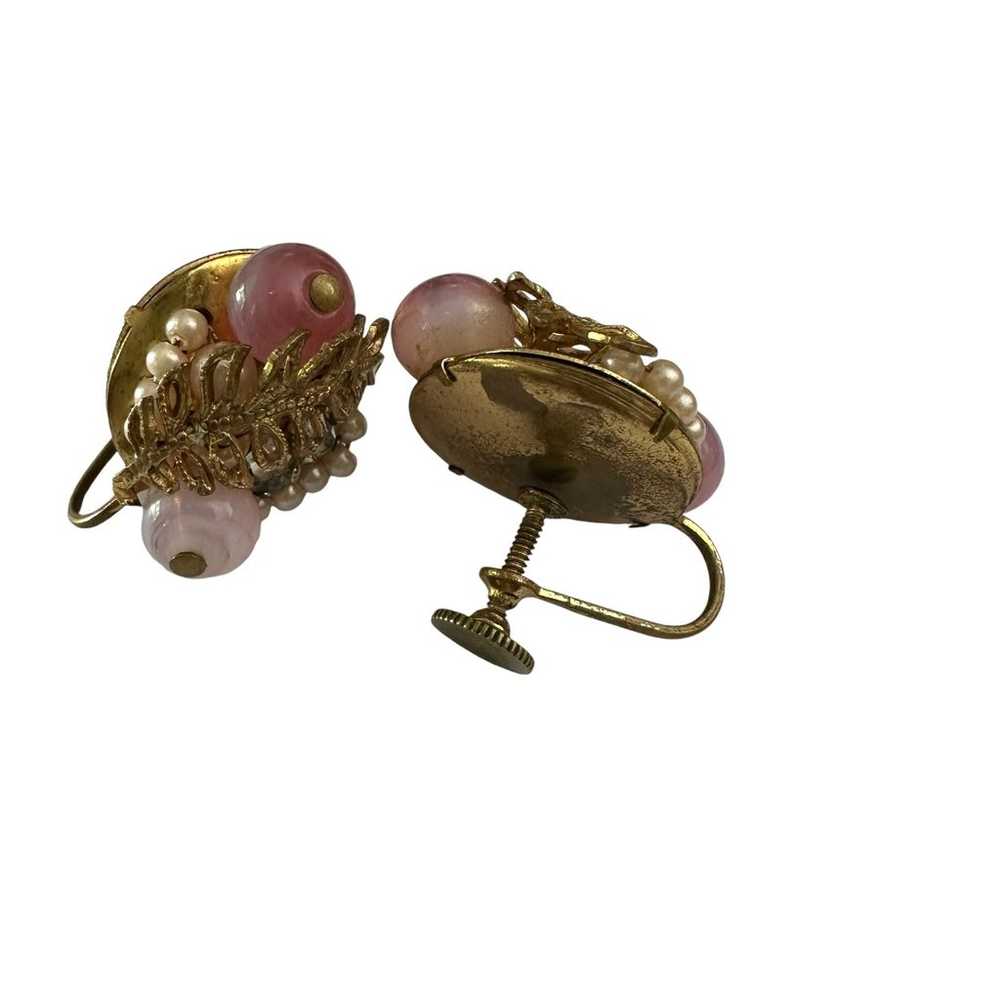 Vintage Screw Back Beaded Gold and Pink Earrings - image 6