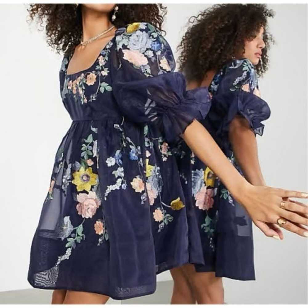 ASOS puff sleeve embroidered babydoll dress size 6 - image 1