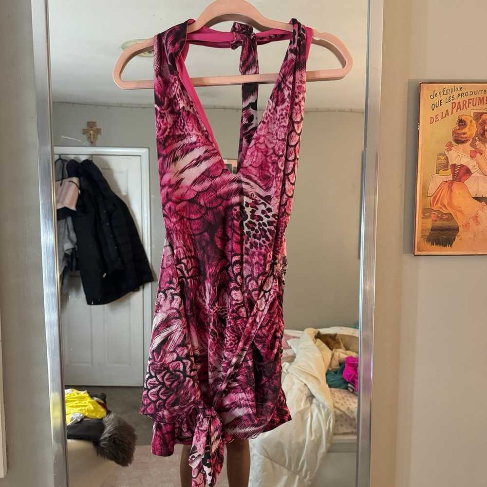 Pink halter wrap dress featuring a bold snake pri… - image 3