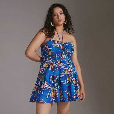 Anthropologie Emily Blue Floral Halter Mini Dress