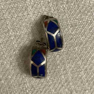 Vintage Sterling Silver Turquoise, Coral, Lapis I… - image 1