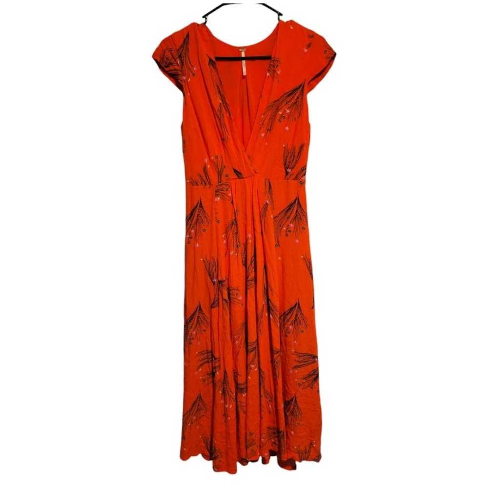 Free People Retro Coral Orange Floral Print Midi … - image 2