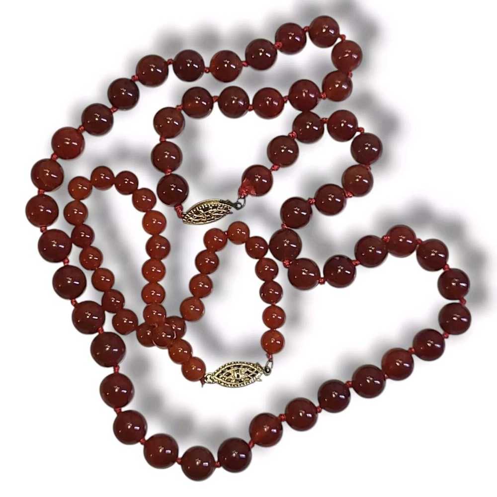 Vintage Hand Tied Red Carnelian Bead Necklace & B… - image 2