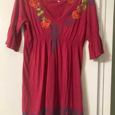 Johnny Was Embroidered Red BOHO Dress XL - image 1