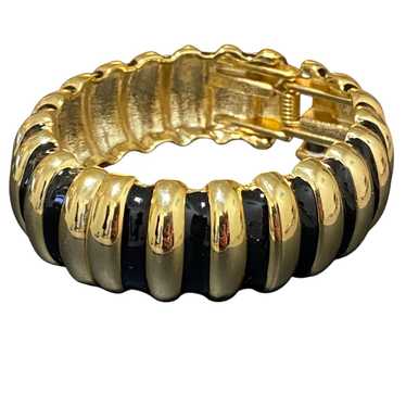 Vintage Black Enamel Zebra Gold Ribbed Chunky Hing